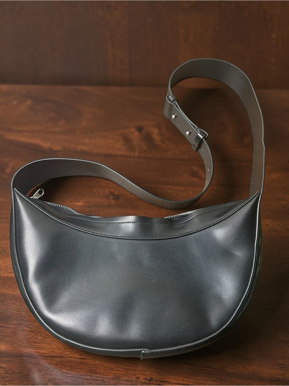 Faux Leather Black Crescent Half Moon Shoulder Bag Wide Strap Minimalist